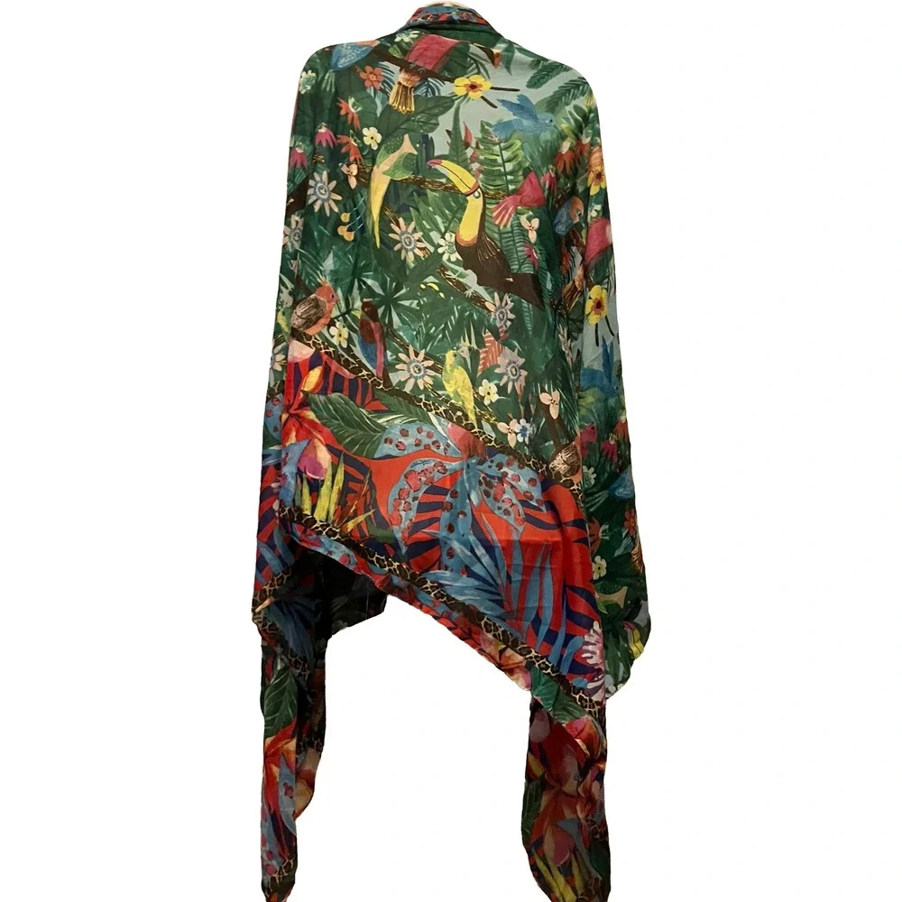 Antica Sartoria Giacomo Cinque Tropical Jungle Bird Scarf Shawl Wrap Green Red